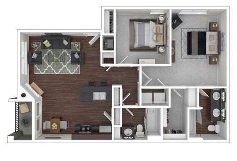 A 3D floor plan of a house with a kitchen, living room, dining room, and bedrooms.